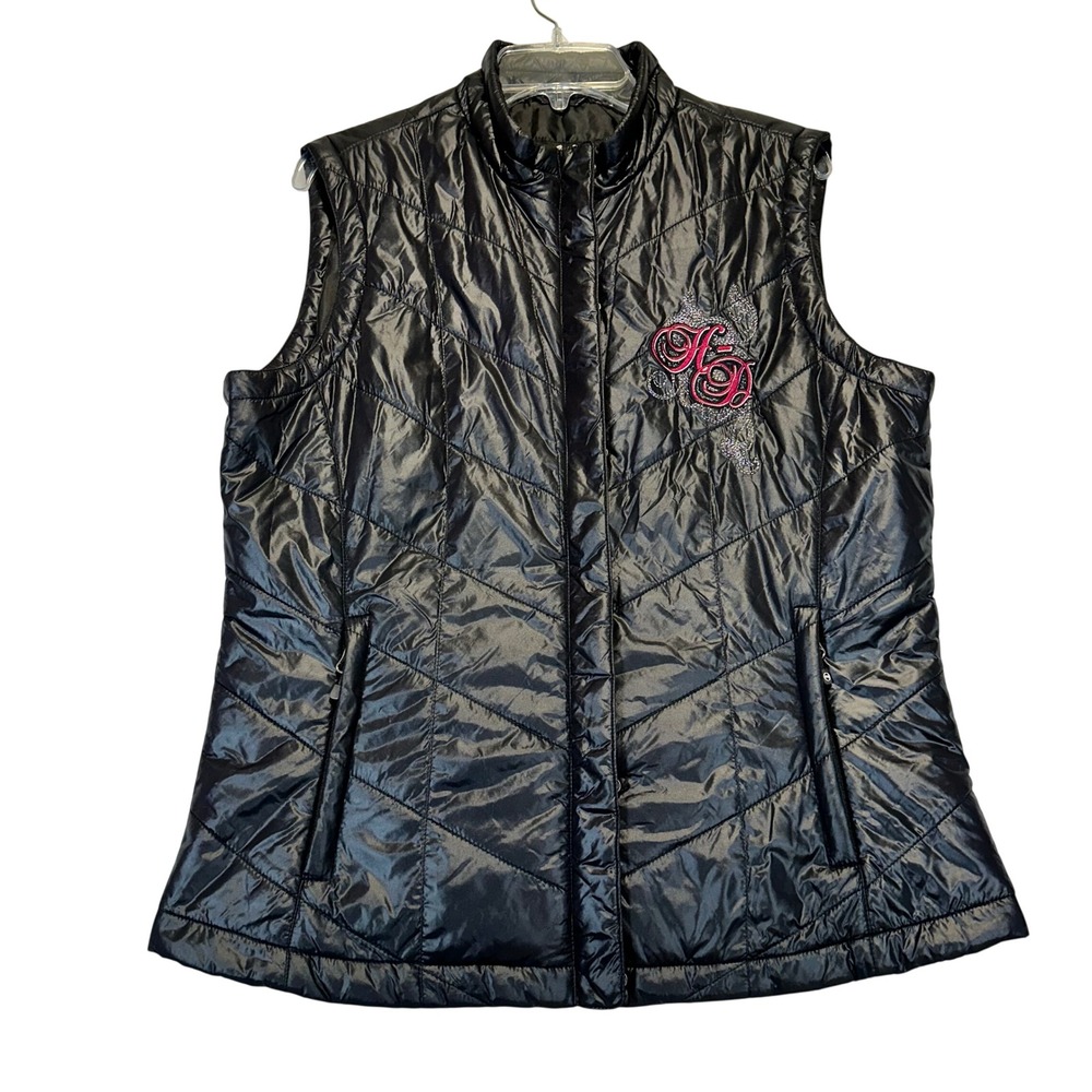 Harley Davidson Puffer Vest Women Large Black Pink Biker Quilted Embroidered